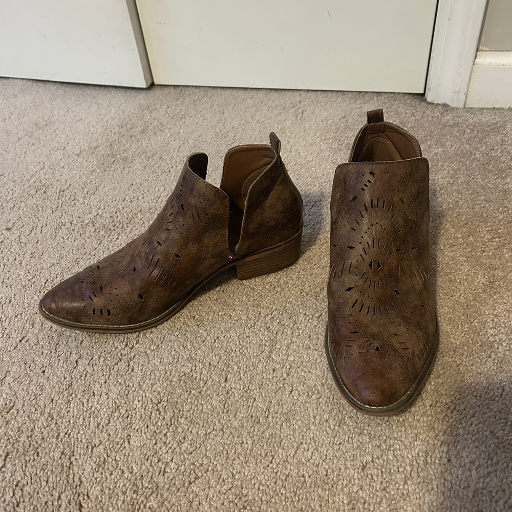 Perforated Brown Suede Ankle Booties with Low Block Heel